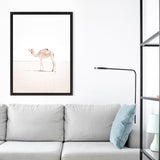 Shop Lone Camel III Photo Canvas Art Print-Animals, Baby Nursery, Boho, Moroccan Days, Photography, Photography Canvas Prints, Pink, Portrait, View All, White-framed wall decor artwork