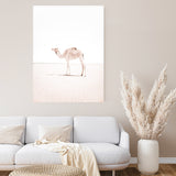 Shop Lone Camel III Photo Canvas Art Print-Animals, Baby Nursery, Boho, Moroccan Days, Photography, Photography Canvas Prints, Pink, Portrait, View All, White-framed wall decor artwork