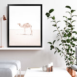 Shop Lone Camel III Photo Art Print-Animals, Baby Nursery, Boho, Moroccan Days, Photography, Pink, Portrait, View All, White-framed poster wall decor artwork
