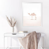 Shop Lone Camel III Photo Art Print-Animals, Baby Nursery, Boho, Moroccan Days, Photography, Pink, Portrait, View All, White-framed poster wall decor artwork