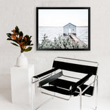 Shop Blue Boat Shed Photo Art Print-Blue, Boho, Coastal, Green, Hamptons, Landscape, Nature, Photography, View All, White-framed poster wall decor artwork