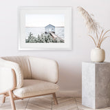 Shop Blue Boat Shed Photo Art Print-Blue, Boho, Coastal, Green, Hamptons, Landscape, Nature, Photography, View All, White-framed poster wall decor artwork