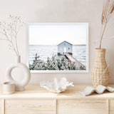 Shop Blue Boat Shed Photo Art Print-Blue, Boho, Coastal, Green, Hamptons, Landscape, Nature, Photography, View All, White-framed poster wall decor artwork