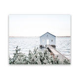 Shop Blue Boat Shed Photo Art Print-Blue, Boho, Coastal, Green, Hamptons, Landscape, Nature, Photography, View All, White-framed poster wall decor artwork