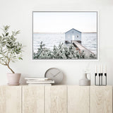 Shop Blue Boat Shed Photo Canvas Art Print-Blue, Boho, Coastal, Green, Hamptons, Landscape, Nature, Photography, Photography Canvas Prints, View All, White-framed wall decor artwork