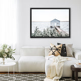 Shop Blue Boat Shed Photo Canvas Art Print-Blue, Boho, Coastal, Green, Hamptons, Landscape, Nature, Photography, Photography Canvas Prints, View All, White-framed wall decor artwork