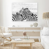 Shop Zebra Hug Photo Canvas Art Print-African, Animals, Black, Landscape, Photography, Photography Canvas Prints, View All, White-framed wall decor artwork