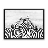 Shop Zebra Hug Photo Canvas Art Print-African, Animals, Black, Landscape, Photography, Photography Canvas Prints, View All, White-framed wall decor artwork