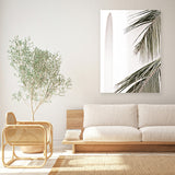 Shop Palm Building Photo Canvas Art Print-Amalfi Coast Italy, Boho, Botanicals, Coastal, Green, Hamptons, Photography, Photography Canvas Prints, Portrait, Tropical, View All, White-framed wall decor artwork