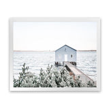 Shop Blue Boat Shed Photo Art Print-Blue, Boho, Coastal, Green, Hamptons, Landscape, Nature, Photography, View All, White-framed poster wall decor artwork