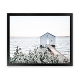 Shop Blue Boat Shed Photo Art Print-Blue, Boho, Coastal, Green, Hamptons, Landscape, Nature, Photography, View All, White-framed poster wall decor artwork