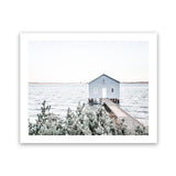 Shop Blue Boat Shed Photo Art Print-Blue, Boho, Coastal, Green, Hamptons, Landscape, Nature, Photography, View All, White-framed poster wall decor artwork