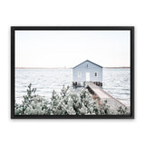 Shop Blue Boat Shed Photo Canvas Art Print-Blue, Boho, Coastal, Green, Hamptons, Landscape, Nature, Photography, Photography Canvas Prints, View All, White-framed wall decor artwork