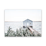 Shop Blue Boat Shed Photo Canvas Art Print-Blue, Boho, Coastal, Green, Hamptons, Landscape, Nature, Photography, Photography Canvas Prints, View All, White-framed wall decor artwork