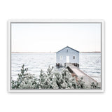 Shop Blue Boat Shed Photo Canvas Art Print-Blue, Boho, Coastal, Green, Hamptons, Landscape, Nature, Photography, Photography Canvas Prints, View All, White-framed wall decor artwork
