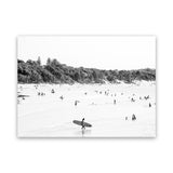 Shop Byron Surfer I B&W Photo Canvas Art Print-Black, Coastal, Landscape, People, Photography, Photography Canvas Prints, Tropical, View All, White-framed wall decor artwork