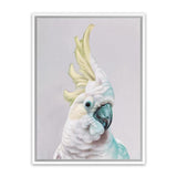 Shop Charlie The Cockatoo (Ice) Canvas Art Print-Animals, Baby Nursery, Birds, Pink, Portrait, Tropical, View All, White, Yellow-framed wall decor artwork
