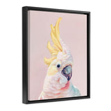 Shop Charlie The Cockatoo (Pink) Canvas Art Print-Animals, Baby Nursery, Birds, Pink, Portrait, Tropical, View All, Yellow-framed wall decor artwork