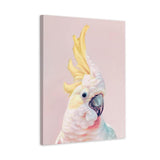 Shop Charlie The Cockatoo (Pink) Canvas Art Print-Animals, Baby Nursery, Birds, Pink, Portrait, Tropical, View All, Yellow-framed wall decor artwork