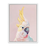 Shop Charlie The Cockatoo (Pink) Canvas Art Print-Animals, Baby Nursery, Birds, Pink, Portrait, Tropical, View All, Yellow-framed wall decor artwork