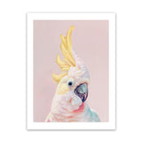 Shop Charlie The Cockatoo (Pink) Art Print-Animals, Baby Nursery, Birds, Pink, Portrait, Tropical, View All, Yellow-framed painted poster wall decor artwork