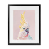 Shop Charlie The Cockatoo (Pink) Art Print-Animals, Baby Nursery, Birds, Pink, Portrait, Tropical, View All, Yellow-framed painted poster wall decor artwork