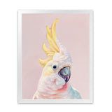 Shop Charlie The Cockatoo (Pink) Art Print-Animals, Baby Nursery, Birds, Pink, Portrait, Tropical, View All, Yellow-framed painted poster wall decor artwork