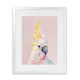 Shop Charlie The Cockatoo (Pink) Art Print-Animals, Baby Nursery, Birds, Pink, Portrait, Tropical, View All, Yellow-framed painted poster wall decor artwork