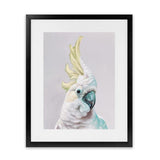 Shop Charlie The Cockatoo (Ice) Art Print-Animals, Baby Nursery, Birds, Pink, Portrait, Tropical, View All, White, Yellow-framed painted poster wall decor artwork