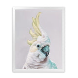 Shop Charlie The Cockatoo (Ice) Art Print-Animals, Baby Nursery, Birds, Pink, Portrait, Tropical, View All, White, Yellow-framed painted poster wall decor artwork