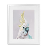 Shop Charlie The Cockatoo (Ice) Art Print-Animals, Baby Nursery, Birds, Pink, Portrait, Tropical, View All, White, Yellow-framed painted poster wall decor artwork