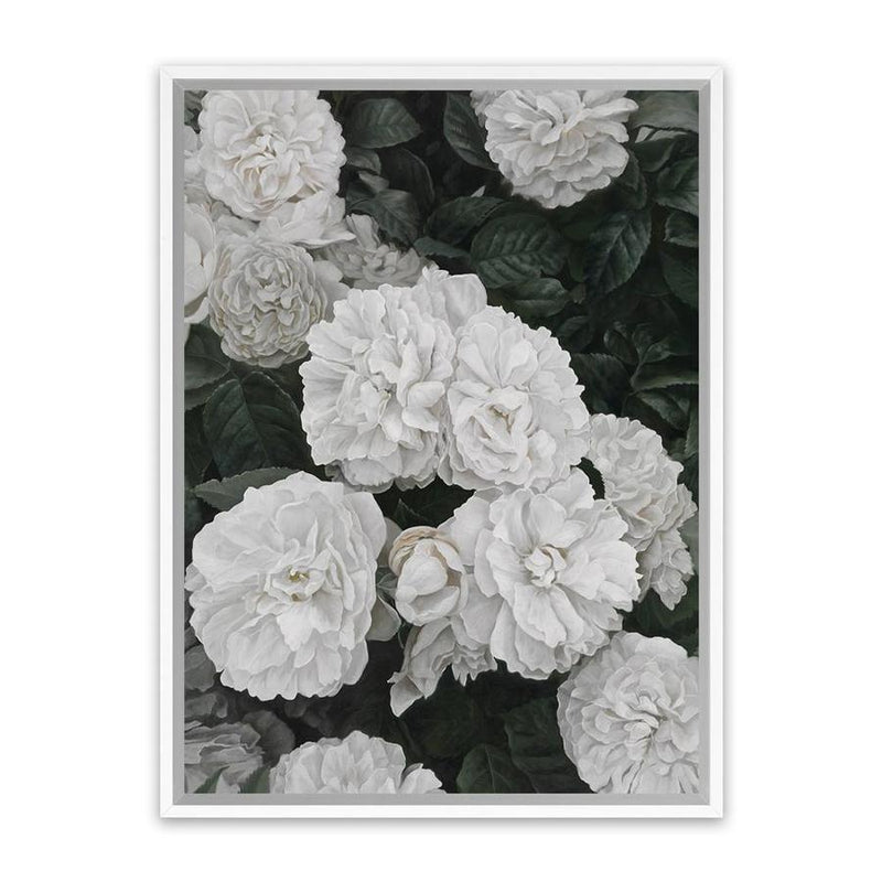Shop White English Roses Canvas Art Print-Florals, Green, Hamptons, Portrait, View All, White-framed wall decor artwork