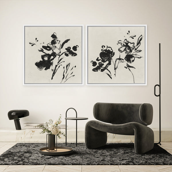 Shop Black Florals II (Square) Canvas Art Print-Abstract, Black, Neutrals, PC, Square, View All-framed wall decor artwork