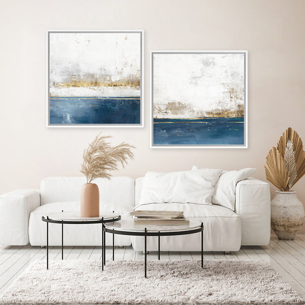 Shop Golden Horizon II (Square) Canvas Art Print-Abstract, Blue, Neutrals, PC, Square, View All-framed wall decor artwork