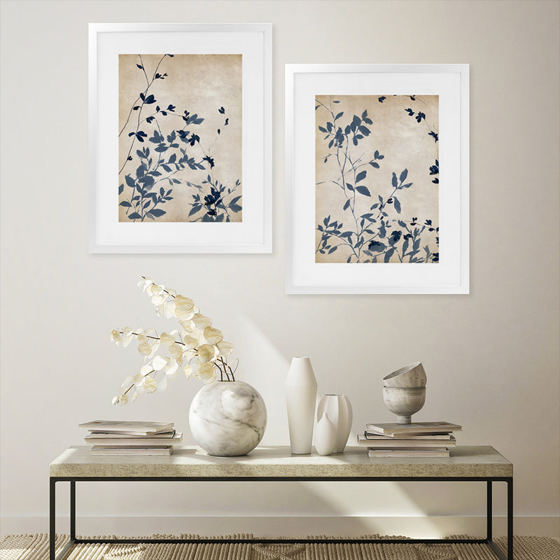 Shop Indigo Leaves Touch II Art Print-Abstract, Blue, Neutrals, PC, Portrait, Rectangle, View All-framed painted poster wall decor artwork