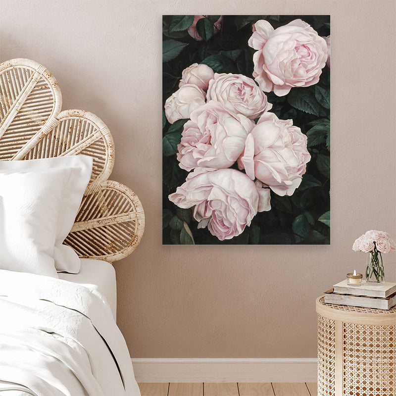 Shop Pink Roses Canvas Art Print-Florals, Green, Hamptons, Pink, Portrait, View All-framed wall decor artwork