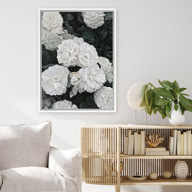 Shop White English Roses Canvas Art Print-Florals, Green, Hamptons, Portrait, View All, White-framed wall decor artwork