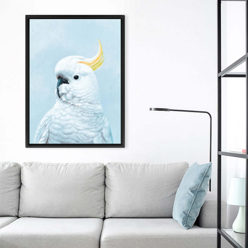 Shop White Cockatoo in Blue Canvas Art Print-Animals, Baby Nursery, Birds, Blue, Portrait, View All-framed wall decor artwork