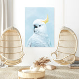 Shop White Cockatoo in Blue Canvas Art Print-Animals, Baby Nursery, Birds, Blue, Portrait, View All-framed wall decor artwork