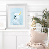 Shop White Cockatoo in Blue Art Print-Animals, Baby Nursery, Birds, Blue, Portrait, View All-framed painted poster wall decor artwork