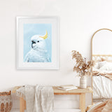 Shop White Cockatoo in Blue Art Print-Animals, Baby Nursery, Birds, Blue, Portrait, View All-framed painted poster wall decor artwork