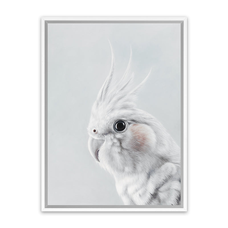 Shop Cockatiel Canvas Art Print-Animals, Baby Nursery, Birds, Grey, Portrait, View All, White-framed wall decor artwork