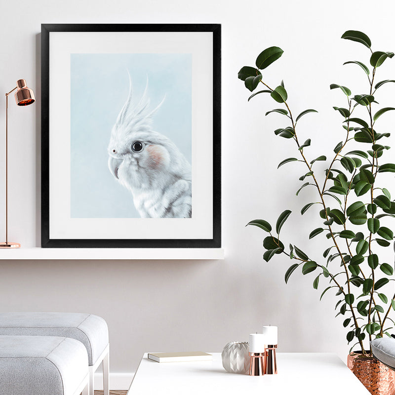 Shop Cockatiel in Blue Art Print-Animals, Baby Nursery, Birds, Blue, Portrait, View All, White-framed painted poster wall decor artwork