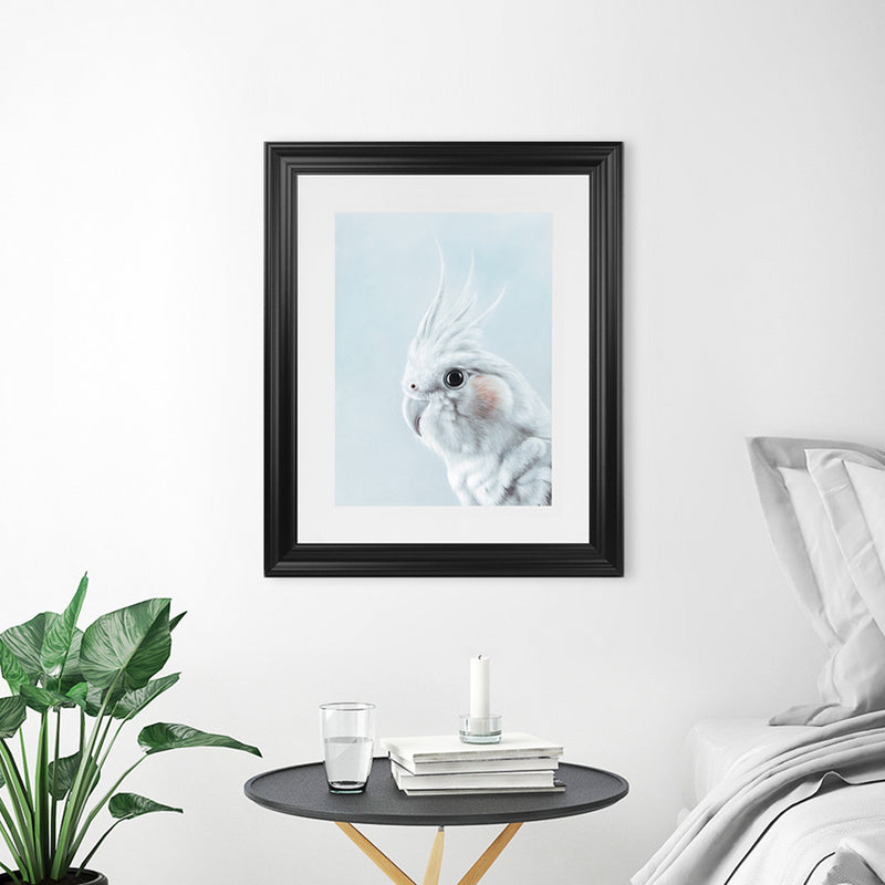 Shop Cockatiel in Blue Art Print-Animals, Baby Nursery, Birds, Blue, Portrait, View All, White-framed painted poster wall decor artwork