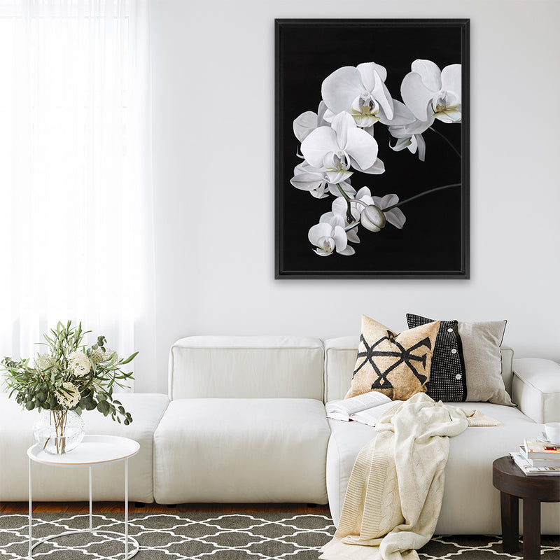 Shop Orchid Canvas Art Print-Black, Florals, Hamptons, Portrait, Scandinavian, View All, White-framed wall decor artwork