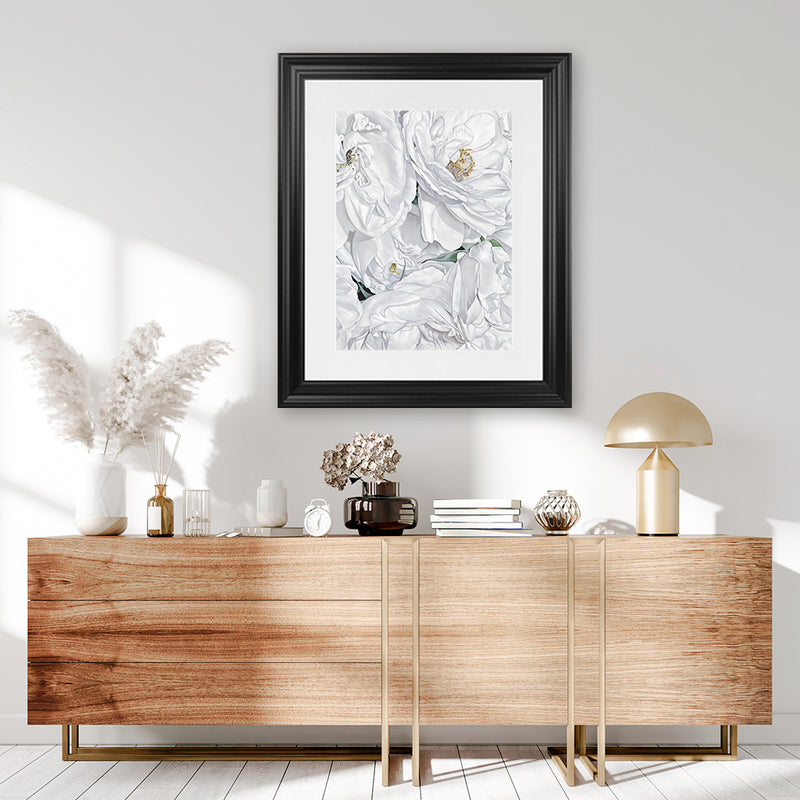 Shop White Flowers Art Print-Florals, Portrait, View All, White-framed painted poster wall decor artwork