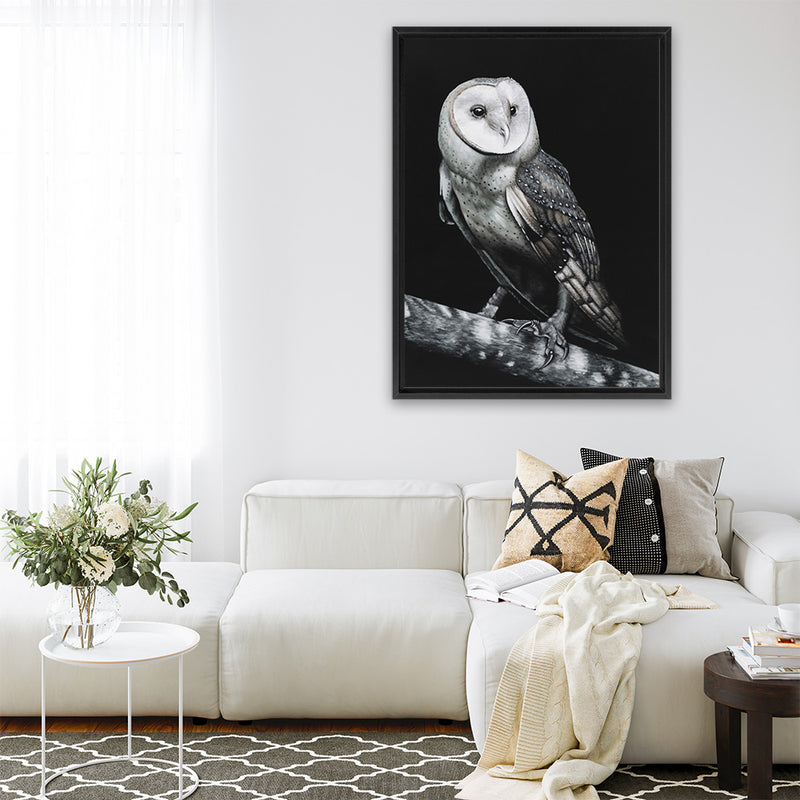 Shop Owl Canvas Art Print-Animals, Birds, Black, Portrait, Scandinavian, View All-framed wall decor artwork