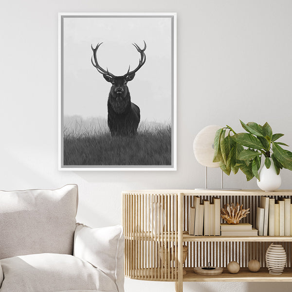 Shop Black & White Elk Canvas Art Print-Animals, Black, Grey, Hamptons, Portrait, Scandinavian, View All, White-framed wall decor artwork