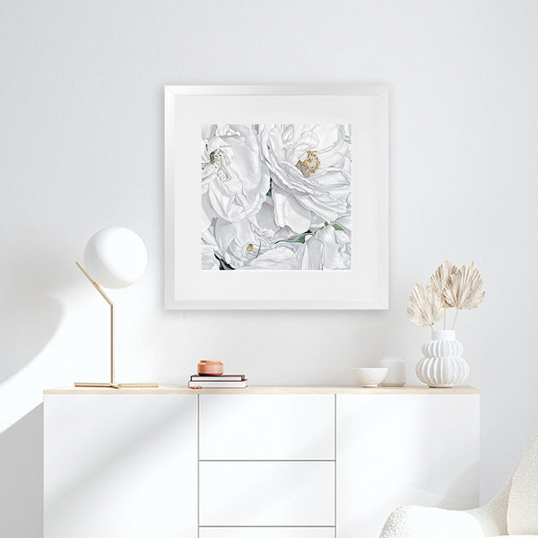 Shop White Flowers (Square) Art Print-Botanicals, Florals, Hamptons, Square, View All, White-framed painted poster wall decor artwork