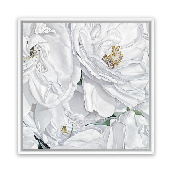 Shop White Flowers (Square) Canvas Art Print-Botanicals, Florals, Hamptons, Square, View All, White-framed wall decor artwork